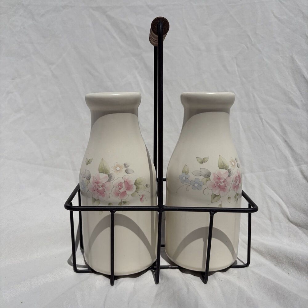 2 Pfaltzgraff Tea Rose Vtg Milk Bottle Vases Style 8" With Holder
